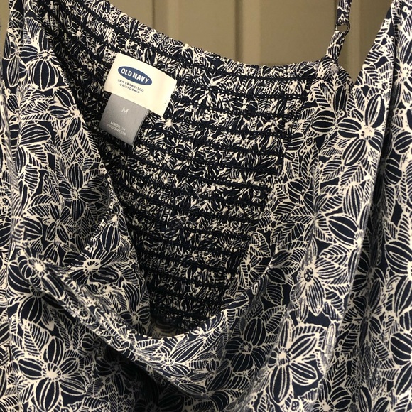 Dark Blue Dress w/ Floral Motif in white, flowy skirt, adjustable straps, Medium - Picture 6 of 7